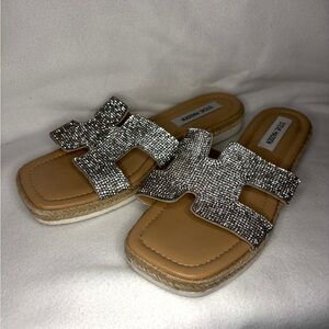 Steve Madden Ignited Silver Glass Crystal Slide Sandals for Women